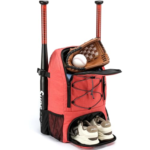 Baseball Backpack, Baseball Bag for Youth, Softball Bat Bag with Shoes Compartment, Laptop Compartment & Holds 2 Bats, Small Baseball Bat Equipment Bags for Fence Hook, Glove Holder & Helmet - color: Red