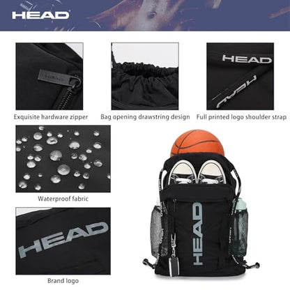 HEAD Men's Drawstring Backpack with Shoe & Phone Pocket,Structured Sports Gym Sack with Bottle Holders for Basketball, Workout, Tennis, Swimming, Travel,Training - color: Black
