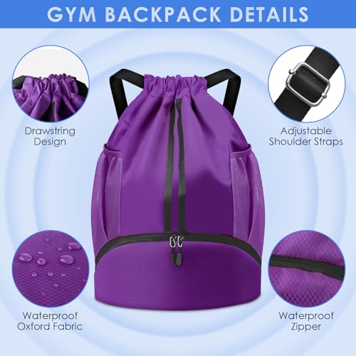BROTOU Soccer Bags, Football Backpack, Volleyball Bag, Drawstring Backpack with Ball and Shoe Compartment, Football bags for Equipment Swim Gym Bag - color: Dark Purple