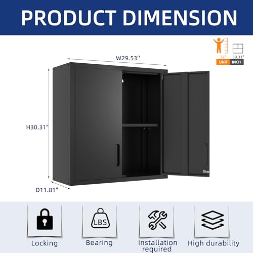 2-Pack Garage Tool Cabinet,Heavy Duty Steel Garage Storage System with Lockable Doors & Adjustable Shelves,Wall Mount Tool Cabinet Set for Workshop Organization,Black