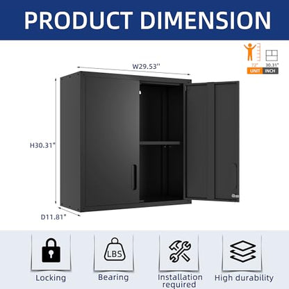 2-Pack Garage Tool Cabinet,Heavy Duty Steel Garage Storage System with Lockable Doors & Adjustable Shelves,Wall Mount Tool Cabinet Set for Workshop Organization,Black