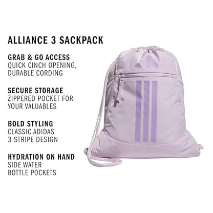 adidas Alliance Sackpack – Drawstring Backpack for Sports, Small Gym Bag - color: Ice Lavender/Powder Plum Purple/3