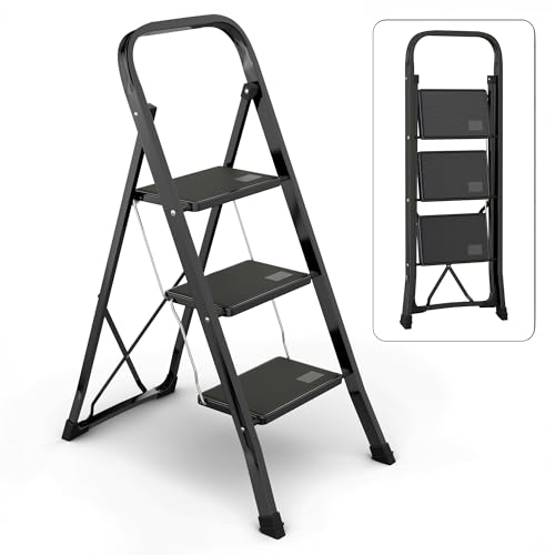 3-Step Ladder with Wide Anti-Slip Platform & Thick Rubber Feet | Heavy Duty Foldable & Portable | 330 lbs Capacity, Steel Frame, Rubber Handgrip, Folding Step Stool - color: Black, size: 3-Step