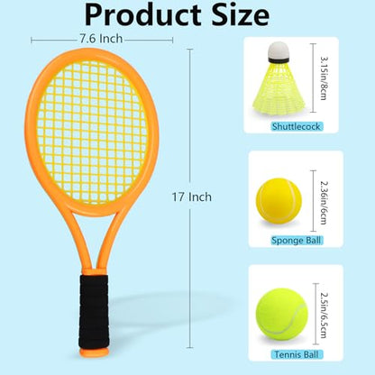 Kids Tennis Racket 17 Inch Lightweight for Junior Toddlers - Includes 2 Tennis Balls, 2 Sponge Balls, 4 Shuttlecocks & Carry Bag - color: Green & Orange