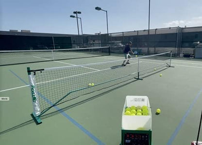 Pickleball Tutor Plus. Ball Machine. Variable TOPSPIN and Backspin. Speed 10-65 MPH. Random Oscillator. Made in USA by #1 Pickleball Machine Company.