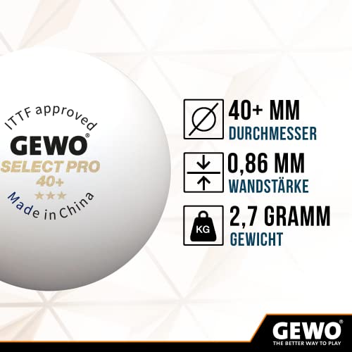 GEWO Tischtennisbälle Select PRO - 3 Sterne Tischtennis-Ball aus Plastik 40+ mit Naht - ITTF-zertifizierte Wettkampf Bälle - hochwertige Profi-Tischtennisbälle weiß, 40+mm Durchmesser