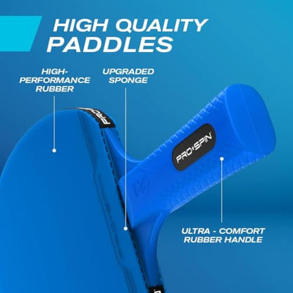 PRO-SPIN Portable Ping Pong Set with Retractable Ping Pong Net for Any Table, All-in-One Table Tennis Set with Ping Pong Paddles, Balls & Case, Table Top Family Game - color: 2-Player Ultra-Comfort Set | Blue/Black