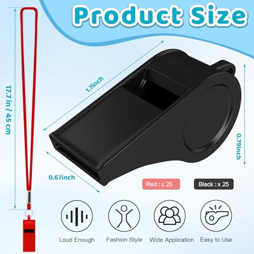 Mototo 50PCS Plastic Whistle for Coach with Lanyard Loud Crisp Sound Red Black Sports Referee Whistle Bulk for Adults Coaches Referees Teachers Officials Polices Emergency Dog Training Lifeguard - color: Red, Black