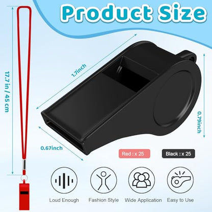 Mototo 50PCS Plastic Whistle for Coach with Lanyard Loud Crisp Sound Red Black Sports Referee Whistle Bulk for Adults Coaches Referees Teachers Officials Polices Emergency Dog Training Lifeguard - color: Red, Black
