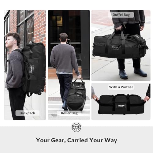 STOVER 45/80/100L Rolling Duffel Bag with Wheels, X-Large Durable Travel Duffle + Toiletry Bag, Heavy Duty, Packable with Shoulder Straps- Use as Luggage or Backpack, Men/Women (Black) - color: Black