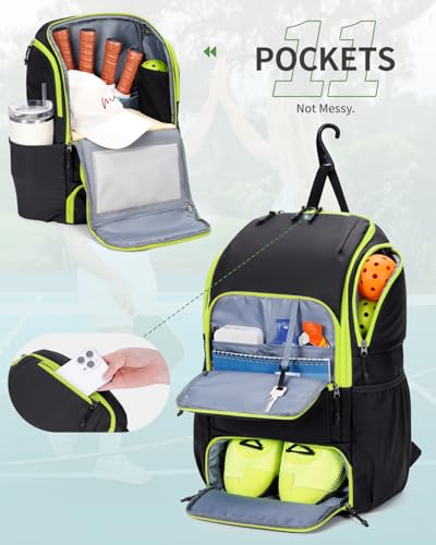 sportsnew Pickleball Bag Large Sports Pickleball Backpack with Shoe Compartment for Men Women, Patent Pending - color: Black-Fluo Zip