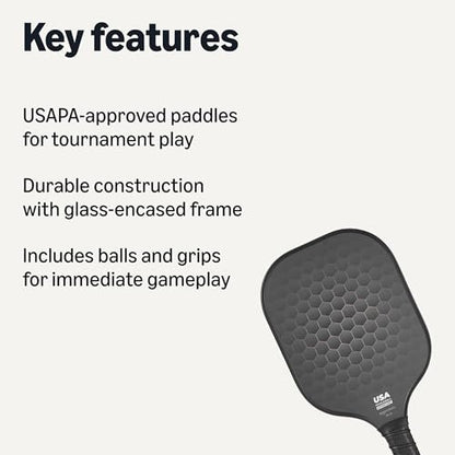 Amazon Basics Pickleball Paddles Set of 2, USAPA Approved Carbon Fiber Paddle with 4 Balls, Lightweight Pickle Ball Rackets, Carry Bag & Grips - color: Black