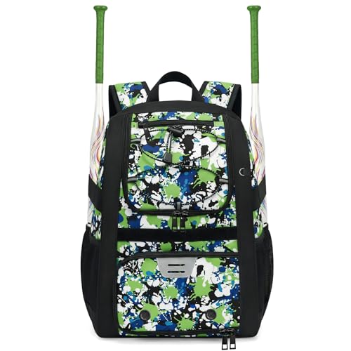 Youth Baseball Bag - Softball Bag for Girls & Boys with Shoes Compartment, Bat Backpack for Baseball, T-Ball & Softball Equipment - color: Camo-Green