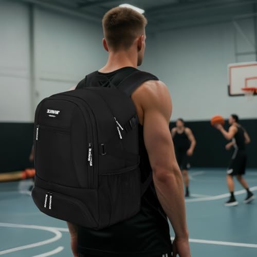 Basketball Backpack with Ball Holder & Shoe Compartment, Large Sports Bag for Men Women, Water Resistant Gym Backpack for Soccer, Football, Volleyball – Black