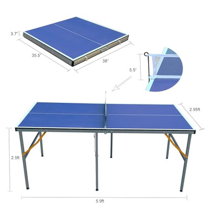 6ft Mid-Size Table Tennis Table, Portable Ping Pong Table Set with Net, Handle, 3 Balls, 2 Rackets Indoor&Outdoor Foldable Sports Set for Game Rooms, Apartments Blue One Size