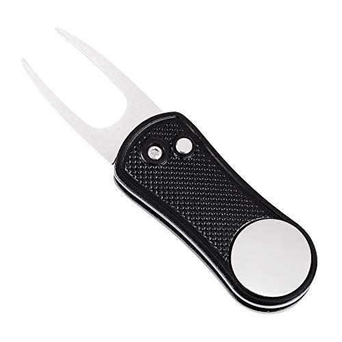 Mile High Life Golf Divot Repair Tool, All Metal Foldable Divot Tool with Pop-up Button & Magnetic Ball Marker - color: Black Undulate