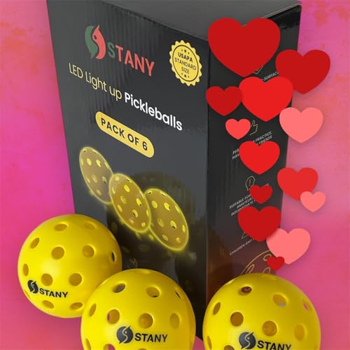 STANY LED Pickleball Balls –Ultra Visible for Nighttime Play, Glow in The Dark, 40 Hole, Indoor/Outdoor, Consistent Bounce, USAPA Official Size, Gift Ready Box, 6 Pack + 3 Replacement Batteries