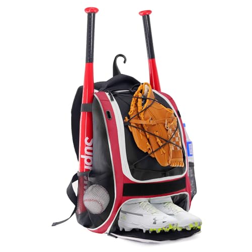 WOLT Youth Baseball Bag - Bat Backpack for Baseball, T-Ball & Softball Equipment & Gear, Bat & Glove Holder, Large Main Compartment for Helmet & accessories, Separate Shoes Compartment, Fence Hook - color: Red