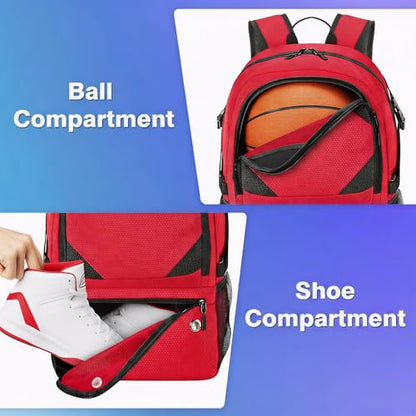 Basketball Bag Backpack with Ball & Shoes Compartment for Soccer Ball Volleyball Football, Large Sports Bag Backpack - color: Red