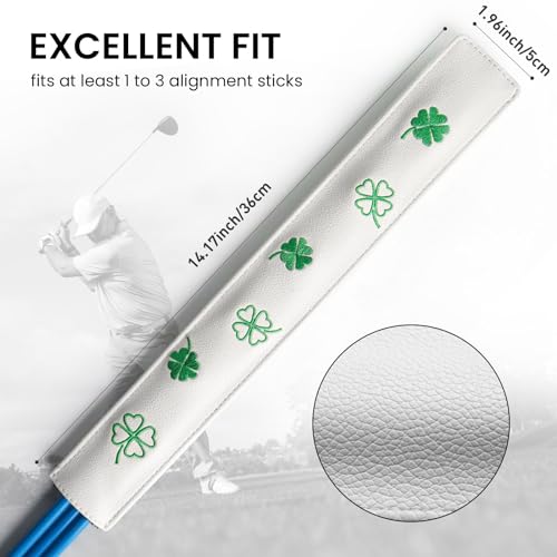 FINGER TEN Golf Alignment Stick Cover Headcover Rods Holder Case Leather 14''× 2'' in USA Black White Green Hold At Least 2 Sticks - color: White-Lucky Clover