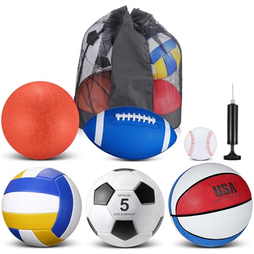 Libima 6 Pcs Multi Sport Ball Set Official Size Football Basketball Soccer Volleyball Playground Ball Baseball with Outdoor Sports Equipment Bag Pump Back to School Sports Gift - style: Multi Style