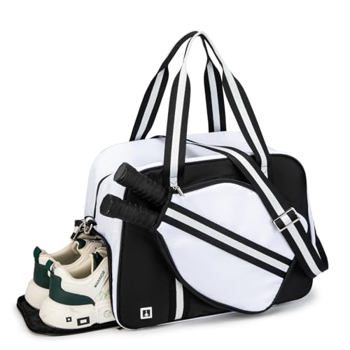 ROYALFAIR Pickleball Tote Bag for Women Men Large Capacity with Paddle Cover Pocket Internal Shoe Pocket and Adjustable Shoulder strap - color: Black