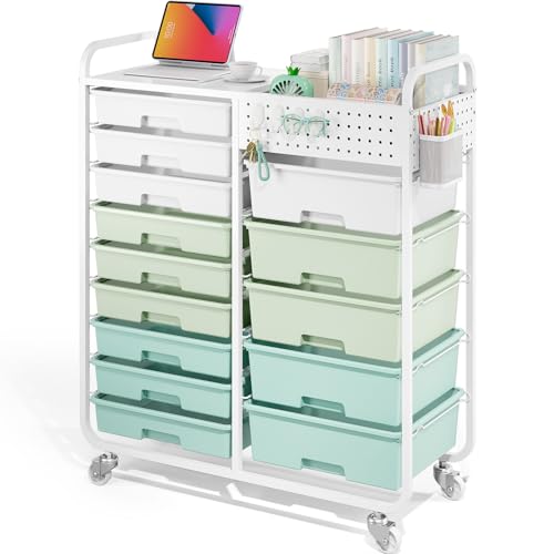 Rolling Storage Cart with 14 Drawers, Storage Organizer Cart with Tabletop and Pegboard,Utility Cart for Living Room, Classroom, Bedroom,Bathroom,Dorm,Office (Green) - color: Green