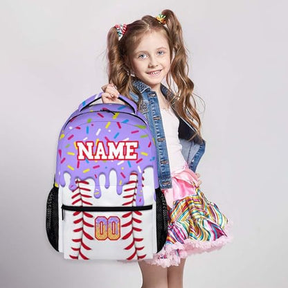 Kids Schoolbag for Girls Custom Ice Cream Baseball Backpack for Children Teen Baseball School Supplies, 17 Inch Cute Girls Bookbag for Preschool Elementary Kindergarten Vacation Travel Picnic