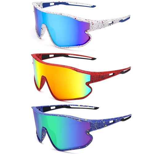 Kids Baseball Sunglasses - Youth Baseball Sunglasses for Boys Girls - Sports Softball Shades Age 6-14 - color: A0 White / Blue Mirror + Red / Orange Mirror + Blue / Green Mirrored