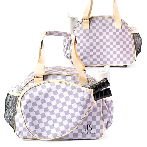 Pik’le’Ball Sport Premium Women's Pickleball Bag – Stylish and Versatile Sports Bag with Water Bottle Holder, Padded Paddle Pocket, and Spacious Design (fits 2+ Paddles!) - color: Checkered Chic Tan