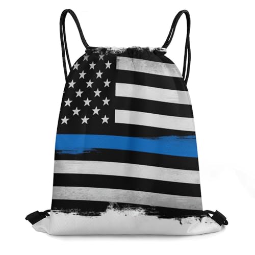 Gym Drawstring Backpack Sackpack Water Resistant for Sports Beach Yoga Travel Unisex, Thin Blue Line Flag Police American Bags - color: Picture (757)