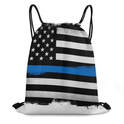 Gym Drawstring Backpack Sackpack Water Resistant for Sports Beach Yoga Travel Unisex, Thin Blue Line Flag Police American Bags - color: Picture (757)