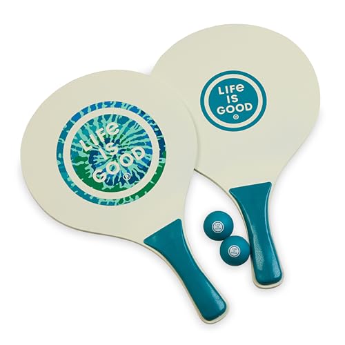 Life Is Good Wooden Paddle Ball Set (Teal Tie Dye), 2 Thick Wood Paddles and 2 Balls, Classic Beach and Backyard Toss Game for Kids and Adults, Outdoor Summer Lawn and Park Activity - color: Teal Tie-Dye