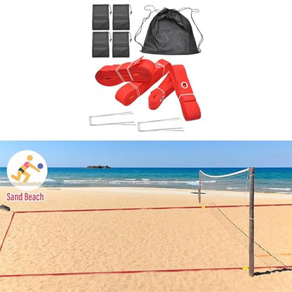 Beach Volleyball Court Boundary Lines Kit Portable with Metal Anchors 52.5 ft and 26.2 ft Line - color: Red