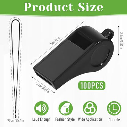 100 Pcs Coach Whistle with Lanyard, Plastic Emergency Whistle Bulk Loud Sound Sports Whistles for Referees Coaches Emergencies Athletes Training Outdoor Sports