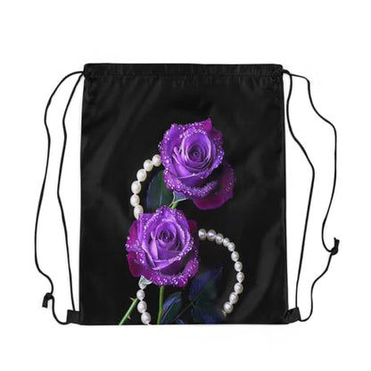 Castle Fairy Noble Elegant Purple Roses Drawstring Gym Bag,Pearl Foldable Waterproof Drawstring Backpack,Beautiful Flowers Draw String Back Bags for Shopping,Swimming,Beach,Black Purple - color: Black Purple