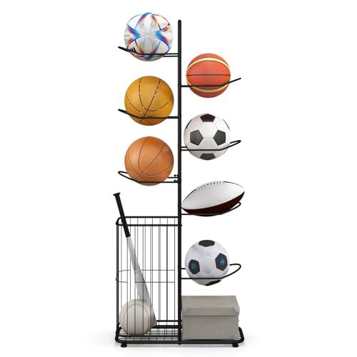 GYMAX Sports Equipment Organizer, Basketball Rack 7-Tier with Removable Hanging Rods, Side Ball Basket, Adjustable Foot Pads, Sports Organizer for Garage, Toy Organizer