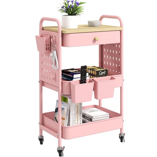 danpinera 3 Tier Rolling Cart, Metal Storage Cart with Drawer, Wooden Tabletop & DIY Pegboards, Utility Carts on Wheels with Hooks & Hanging Cups, Mobile Storage Organizer Trolley for Kitchen, Office - color: Pink, size: with pegboards