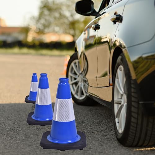 4 Pack 12 Inch Blue PVC Traffic Cones Black Base, Sport Training Cones for Soccer Drills, Outdoor Play, Indoor Gym Activities (4, Blue, 12 Inch)