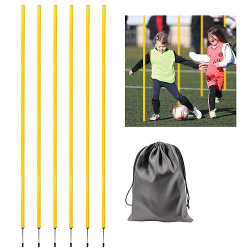 6 Pcs 5FT Adjustable Agility Training Poles for Soccer,Basketball,Football,Dog,Horse Training-Speed and Agility Training Equipment Sports Training Sticks with Stainless Steel Ground Nails - color: Yellow
