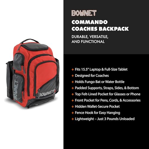 Bownet Commando Coaches Bat Bag – Baseball & Softball Backpack with Fungo Holder, 15.5” Laptop & Tablet Pocket, Large Gear Storage, Padded Straps, Youth & Adult, Orange - color: Orange