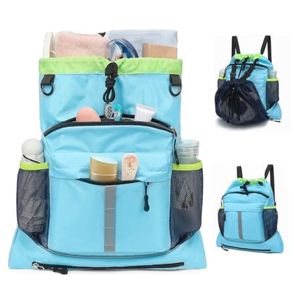 Drawstring Backpack, Waterproof Sandproof Beach Backpack for Sport Gear Small Gym Bag with Hidden Ball Net Pocket and Seperated Wet Pocket Draw String Back Bag for Women Men, Blue - color: Blue