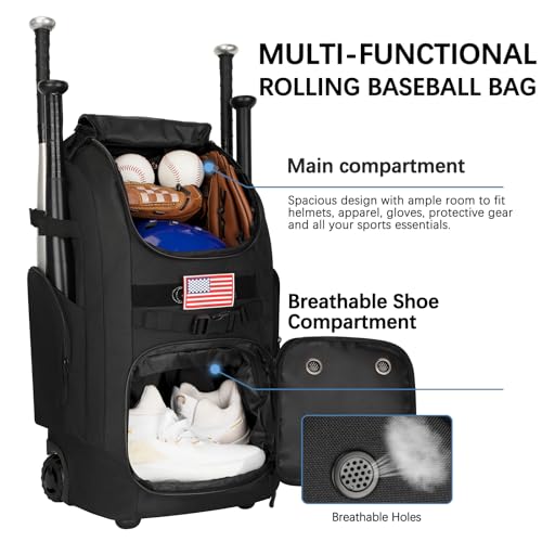 Rolling Baseball Bag with Wheels, 60L Capacity Wheeled Softball bag with Shoe Compartment for Youth & Adult, Bat bag with Hidden Straps,Fence Hook,Holds 4 Bat, Helmet, Glove - color: Black