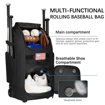 Rolling Baseball Bag with Wheels, 60L Capacity Wheeled Softball bag with Shoe Compartment for Youth & Adult, Bat bag with Hidden Straps,Fence Hook,Holds 4 Bat, Helmet, Glove - color: Black