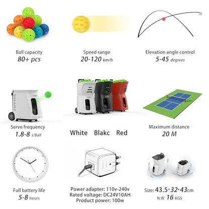 PP Smart Pickleball Machine – Automatic Pickleball Launcher with APP & Remote, 80+Ball Capacity, Adjustable Speed, Spin & Frequency, 4–6Hr Battery for Indoor & Outdoor Training - color: White