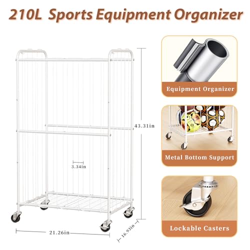 YKDIRECT 210L Rolling Ball Organizer with Locking Wheels - Large Sports Storage Basket for Basketball Soccer Football Volleyball, Steel Garage Equipment Cart with Elastic Rope for Household Storage - size: 210L