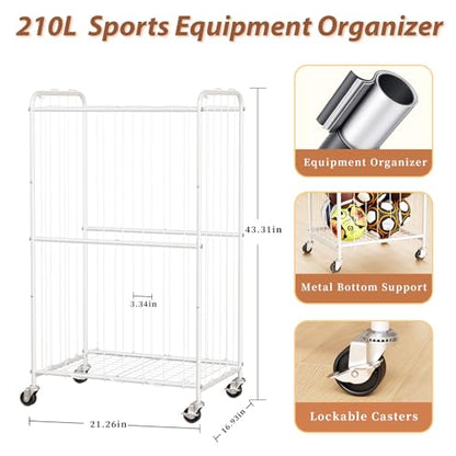 YKDIRECT 210L Rolling Ball Organizer with Locking Wheels - Large Sports Storage Basket for Basketball Soccer Football Volleyball, Steel Garage Equipment Cart with Elastic Rope for Household Storage - size: 210L