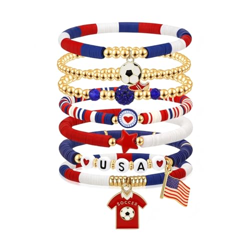 Soccer Bracelets for Women, Game Day Beaded Stretch Bracelet Set, Team Color Sports Accessories, Stackable Charm Bracelets, Gifts for Soccer Moms Fans Coaches