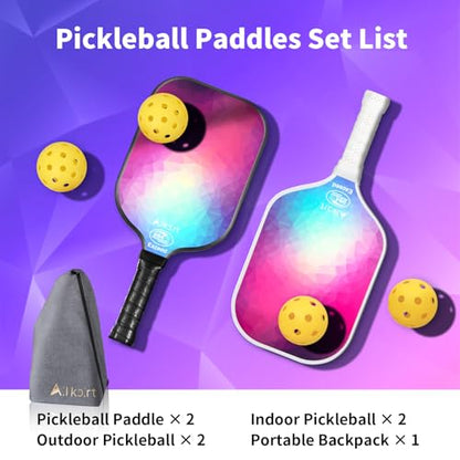 AL Kort Pickleball Paddles Set of 2, Fiberglass Pickleball Racket Lightweight Paddles, USAPA Approved Pickle Ball Equipment with Bag and 4 Balls, Pickle Rackets 2 Pack for Beginners - color: Purple & Black/White Handle