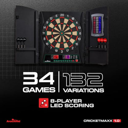 Arachnid CricketMaxx 1.0: 13.5” recreation size with wood cabinet. Features 34 games, 183 variations, 8-player LED X/O scoring, and Heckler mode. Integrated storage for darts and accessories